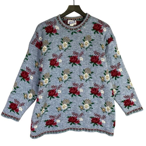 Laura Tyler Vintage Christmas Floral Knit Sweater Red Green USA Women M/L - Picture 1 of 9